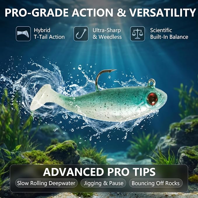 Soft Fishing Lures for Bass Fishing:Pre-Gigged Swim Baits for Saltwater or Freshwater.Soft Plastic Fishing Accessories.