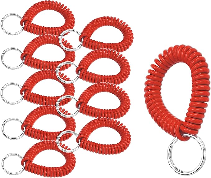 Lucky Line 2” Spiral Wrist Coil with Steel Key Ring, Flexible Wrist Band Key Chain Bracelet, Stretches to 12”, Red, 10 PK (41070)