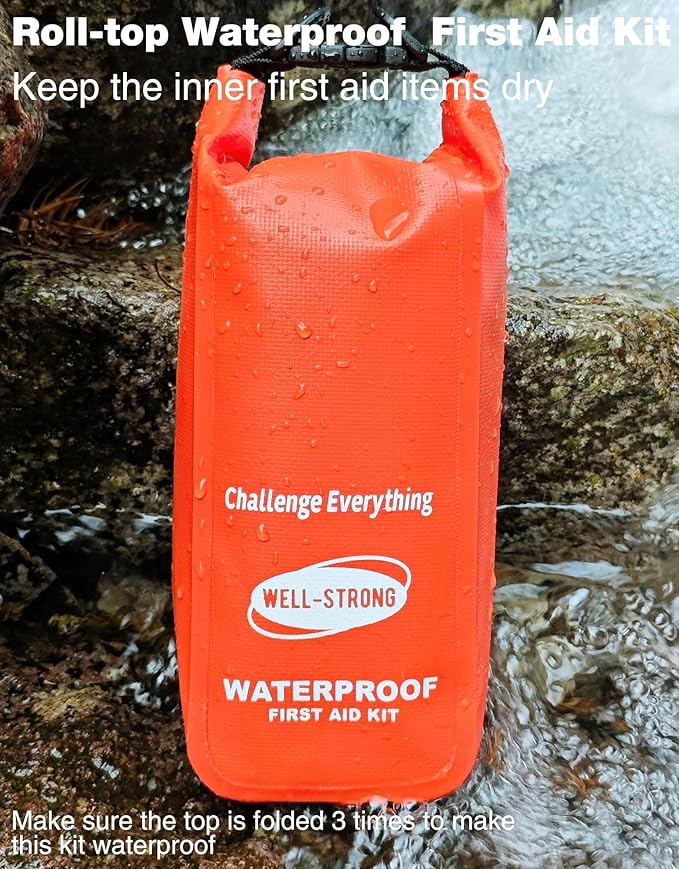 Boat First Aid Kit Waterproof, WELL-STRONG Marine Emergency Kit with Roll Top Dry Bag for Boating Fishing Kayaking – Water-Resistant Contents for Camping & Beach（Orange）