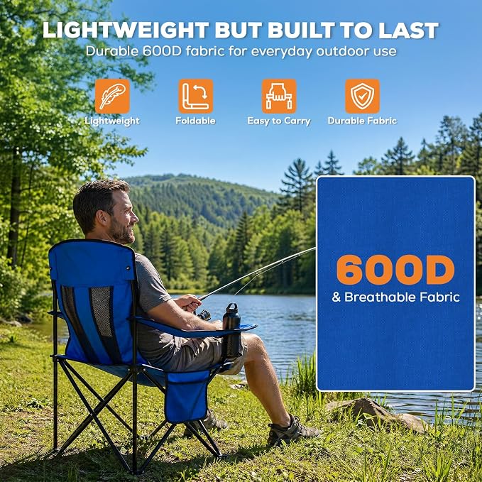 Romswi Portable Camping Chairs for Adult Support 400 LBS, Folding Outdoor Chairs with 4-Can Cooler Bag, Folding Chair with Mesh Back for Outdoor, Fishing, Garden, 2-Pack, Blue