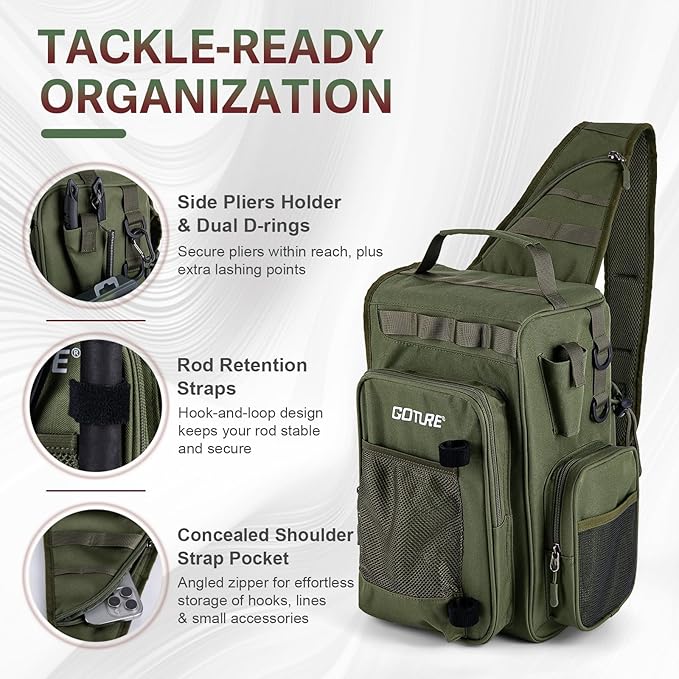 Goture OpenSide Tactical Sling Tackle Bag with 3 3700 Tackle Trays, Lightweight Fishing Backpack Storge Fishing Gear and Equipment - Green Bag Outdoor,Gift for men
