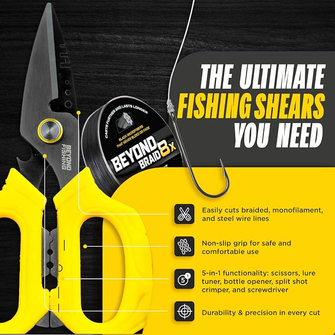 Beyond Fishing 6.5" Pro Fishing Shears Dual Serrated Blades, Fishing Braided Line Scissors with Titanium Coating, Non-Slip Grip & Multifunction Tool, Includes Hard Molded Locking Sheath