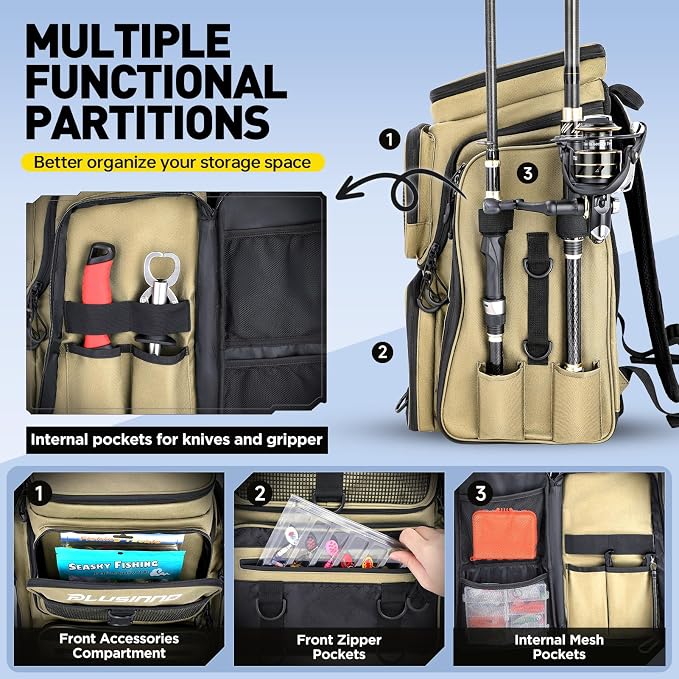 PLUSINNO Fishing Backpack with Rod Holders, 42L Large Water-Resistant Tackle Bag for Fishing, Camping, Hiking, Gifts, Khaki (4 Tackle Boxes Included), 36,6 x 25,4 x 45,7 cm, Sporty, functional