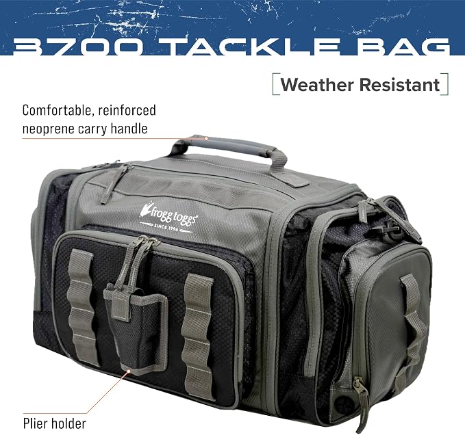 FROGG TOGGS Heavy Duty Fishing Tackle Duffle Bag, Includes Bait Trays, Black, 3700