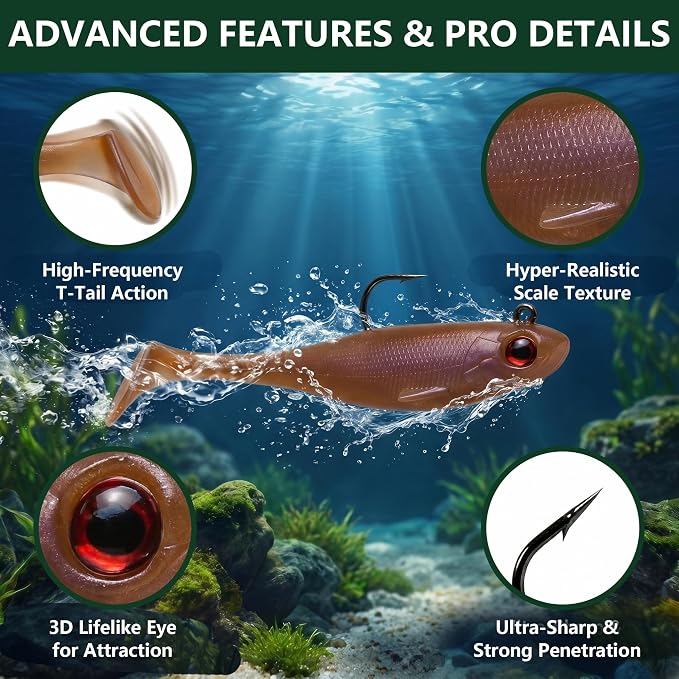 Soft Fishing Lures for Bass Fishing:Pre-Gigged Swim Baits for Saltwater or Freshwater.Soft Plastic Fishing Accessories.