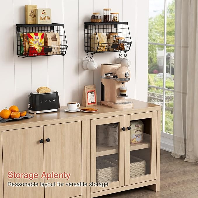Black Kitchen Wall Hanging Storage Basket Set of 2, Rustic Stackable Kitchen Counter Fruit Organizer, Wire Baskets Container for Veggie, Garlic, Produce, Onion and Potato (Black Shelf)