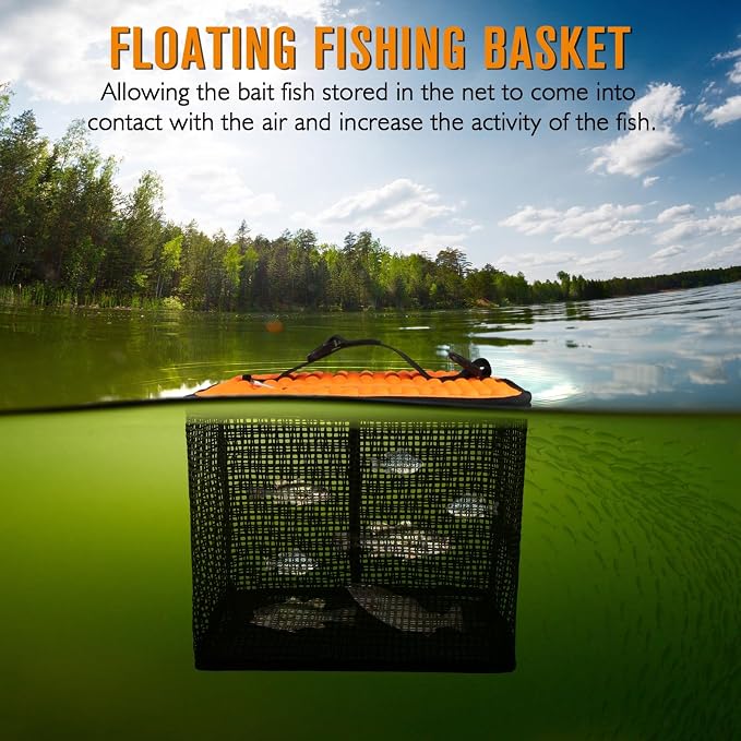 Dovesun Floating Fishing Basket, Collapsible Fish Basket Portable Fishing Net Quick-Drying Rubber Coated Fishing Bait Storage Cage 3.5-10 Gallons