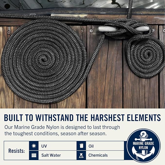 RainierSupplyCo Dock Lines 2-Pack - Boat Rope for Docking with Loop - 15 ft x 5/8 Inch Premium Double Braided Nylon Marine Rope - Mooring Line with 15" Eyelet - Boat Accessories - Black