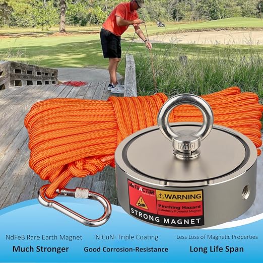MUTUACTOR Fishing Magnet Kit,1800lbs Double Sided Fishing Magnets Heavy Duty,Φ 3.7" Permanent Neodymium Magnet with 65Ft Salvage Rope Sturdy Gloves Bag for Retrieval and Recovery of Treasure