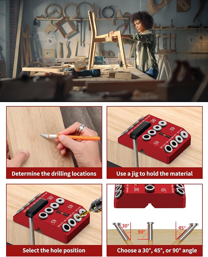30 45 90 Degree Angle Drill Guide Jig for Hand Drill, Angle Drill Guide for Straight Holes and Angle Drilling, used for Stairs Handrails, Cable Railings, Decks, and Wood Posts Level design，with 4 Bits