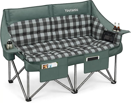 Youtanic 60" Extra Double Camping Chair, 700lbs Heavy Duty Padded Loveseat for Adults, Oversized 2 Person Folding Camp Couch with Dual Cup Holders, Portable Plaid Lawn Chair for Outside, Sports, Gray