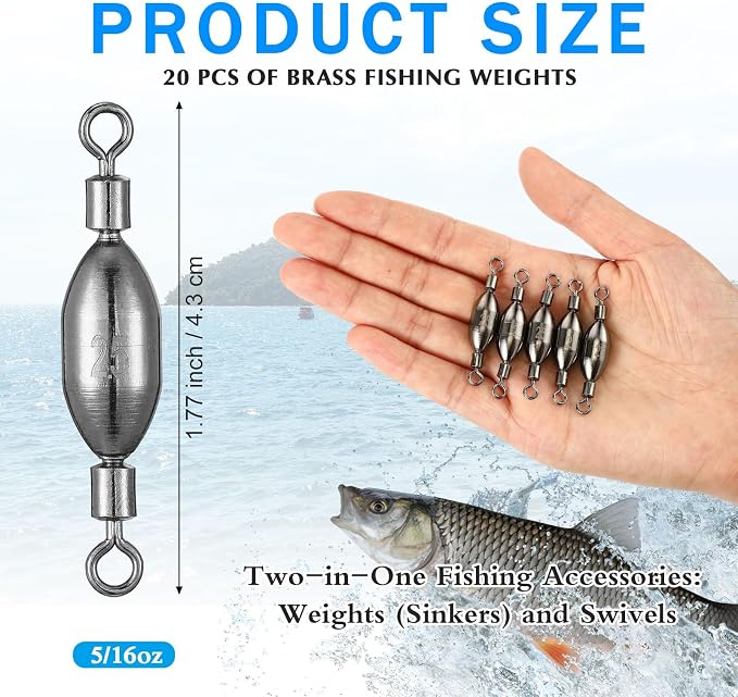 Seenelling 20 Pcs Brass Fishing Sinker Swivel Fishing Weights Saltwater Bullet Sinkers Drop Shot Weight Egg Sinkers with Swivel Rolling Removable Freshwater