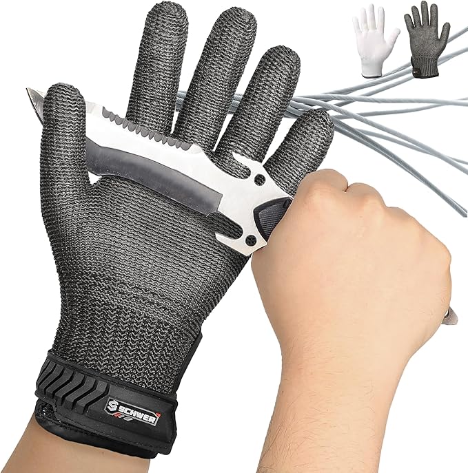 Schwer Ultimate Cut Resistant Gloves Beyond ANSI A9, Reinforced Stainless Steel Glove, Food Grade Mesh Metal Gloves for Butcher Meat Cutting, Oyster Shucking, Mandoline, PR1708 (M, 1 Pcs)
