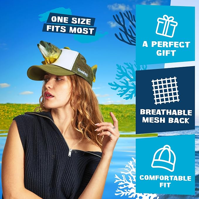 Coddies Bass Fish Hat - Hilarious Novelty Bass Fishing Hat, Perfect Gag Fishing Gift for Anglers, Dads & Fish Enthusiasts