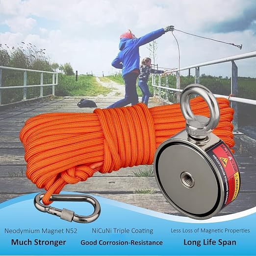 MUTUACTOR Fishing Magnet Kit Heavy Duty, Double Sided 1320lbs Rare Earth Magnets with 65Ft Salvage Rope, Super Strong 2.95”x0.98” Neodymium Magnet Fishing Kit for Retrieving Treasure in River