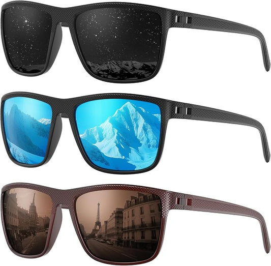Fanshen Square Polarized Sunglasses for Men, 3 Pack Lightweight UV Protection Sun Glasses for Driving Fishing Golf