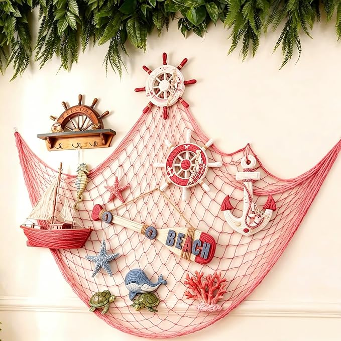 2 Pack Decorative Fish Net, 5x10 ft Large Red Fishing Net for Hanging Stuffed Animals & Party Decorations, Fishnet for Nautical Mermaid Pirate Beach Hawaii Under the Sea Themed Party Decorations