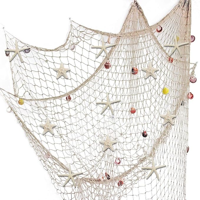 79 x 59 inch Nature Fish Net Wall Decoration with Colorful Sea Shells and 10 Pcs Natural Starfish Ocean Themed Mediterranean Style Fishing Net for Beach Party,Wedding,photography Wall Decoration