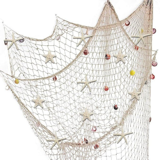 79 x 59 inch Nature Fish Net Wall Decoration with Colorful Sea Shells and 10 Pcs Natural Starfish Ocean Themed Mediterranean Style Fishing Net for Beach Party,Wedding,photography Wall Decoration