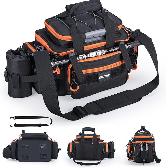 Goture Fishing Tackle Bag, 600D Water-Resistant Soft Side Crossbody Sling Bag with Rod Holder,Small Gear Storage Tactical Bags for Saltwater & Freshwater,Fits 4 3600 Tackle Boxes (Not Included)