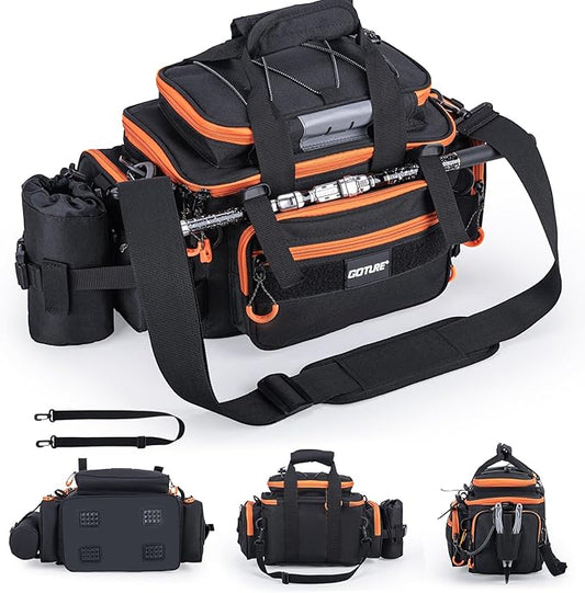 Goture Fishing Tackle Bag, 600D Water-Resistant Soft Side Crossbody Sling Bag with Rod Holder,Small Gear Storage Tactical Bags for Saltwater & Freshwater,Fits 4 3600 Tackle Boxes (Not Included)