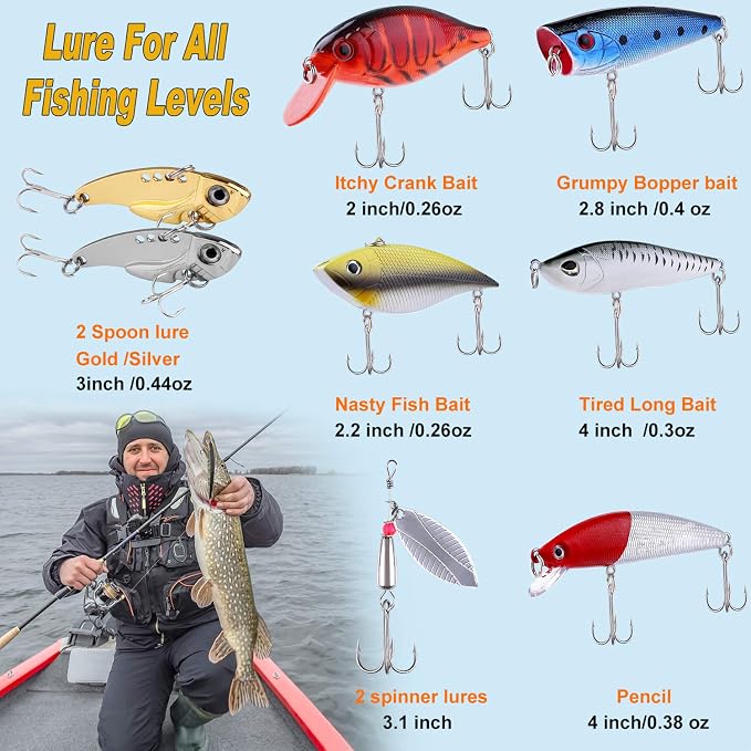 PLUSINNO Fishing Lures Fishing Tackle Box Fishing Gifts for Men, Bass, Trout Fishing Accessories Kit for Saltwater & Freshwater Fishing Gear Including Topwater Lures, Hooks, Spinnerbaits