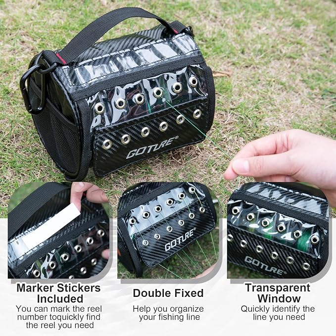 Goture 3/6 Outlet Holes Fishing Line Storage Bag, 2 Sizes Clear View Window Fishing Line Case, Removable Divider Fishing Line Organizer, Water-Resistant Surface, Tangle-Free Leader Line Spool Bag