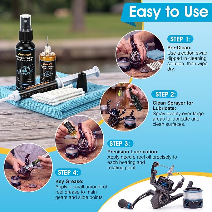 Enhon Fishing Reel Oil Kit, 1 oz Needle Fishing Gear Oil Lubricant, 2 oz Clean Sprayer for Lubricate, 10 g Grease, Cotton Swabs, Microfiber Cloth, Fish Reel Maintenance Kit for Fish Care Reels & More