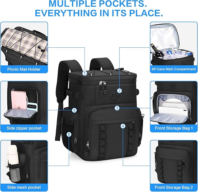 Insulated Backpack Cooler 60 Can for Men & Women,Leak Proof Waterproof Cooler Backpack for Beach Tailgate Camping Travel Fishing 37L