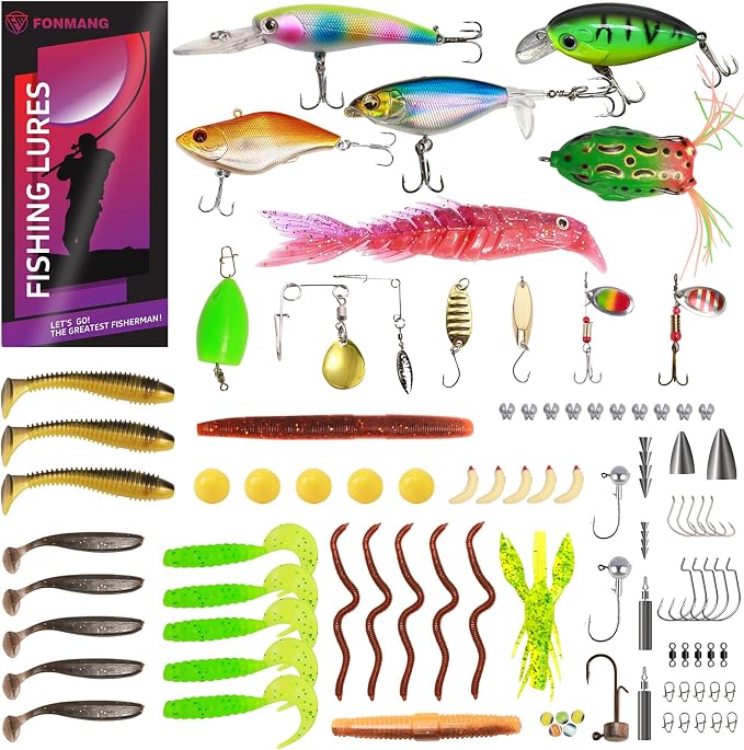 FONMANG 322-Piece Fishing Lures Kit - Buzz Bait/Spinner Baits/Jig/Frog, Fishing Tackle Box with Tackle Included, Soft Bait/Hooks/Weights, Fishing Gear Lure Kit Gift for Men Freshwater Bass Trout