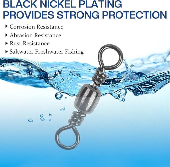 Fishing Barrel Swivels, 200pcs Rolling Ball Bearing Swivels with Solid Ring Fishing Tackle Accessories Hook Line Connector Copper with Stainless Steel Black & Gold Size 2 4 6 8 10
