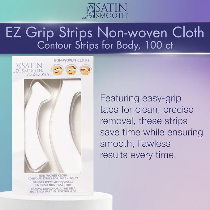 Satin Smooth EZ Grip Non-Woven Wax Strips for Face & Body – Contour Facial Wax Strips Hair Removal, Waxing Strip for Women, 100 ct