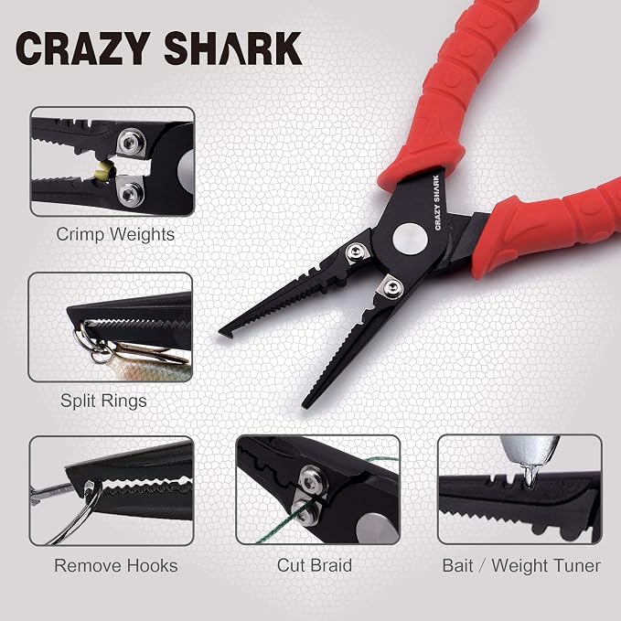 Fishing Pliers, Stainless Steel Fishing Tools, Saltwater Resistant Fishing Gear, Tungsten Carbide Cutters, Split Ring Pliers, Hook Remover with Coiled Lanyard and Sheath