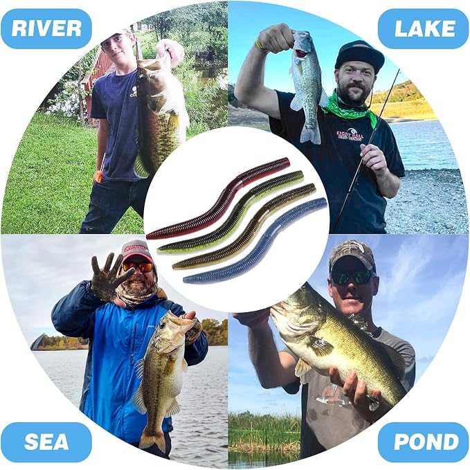 PLUSINNO Wacky Worm Fishing Lure Kit, Soft Plastic Fishing Lures, Grub Baits Hook Wacky Rig Bass Trout Fishing Worms Lures w/Tackle Box