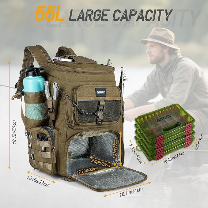 Goture Fishing Backpack with 4 Tackle Boxes, 900D Water-Resistant Tackle Backpack with Rod Holders,Insulated Cooler Compartment, 55L Large Capacity Fishing Gear Storage Bag for Saltwater & Freshwater