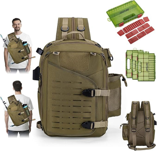 Goture Khaki Tackle Bag with Trays Rod Holder 900D Durable Fishing Tackle Storage Bag for Kayak, Shore Fishing