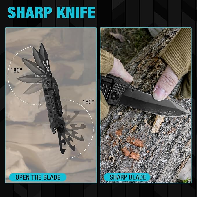 DURATECH 20 in 1 Multitool with Safety Locking, Gift for Men Dad, with Pocket Knife, Screwdriver, Saw, Can Opener, Bottle Opener, Whistle, Fire Starting Sticks, Multi Tool for Outdoor, Hunting, Hiking