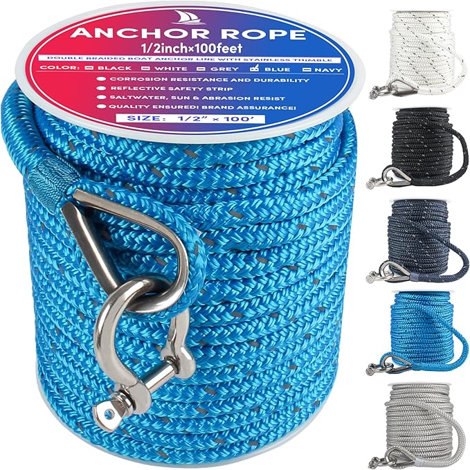 Anchor Rope 100 ft x 1/2 inch Blue, Double Braided Anchor Line with Stainless Steel Thimble & Shackle, Boat Rope with Reflective Strip Ideal for Towing,Mooring,Anchoring,for Boats Up to 35'