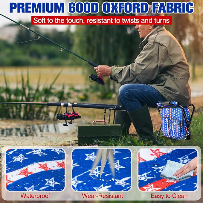 Kikerike Backpack Stool Cooler Chair Heavy Duty 300 LBS Max Load Portable Lightweight Stool Backpack Folding Fishing Cooler Seat for Camping Hunting Fishing - American Flag