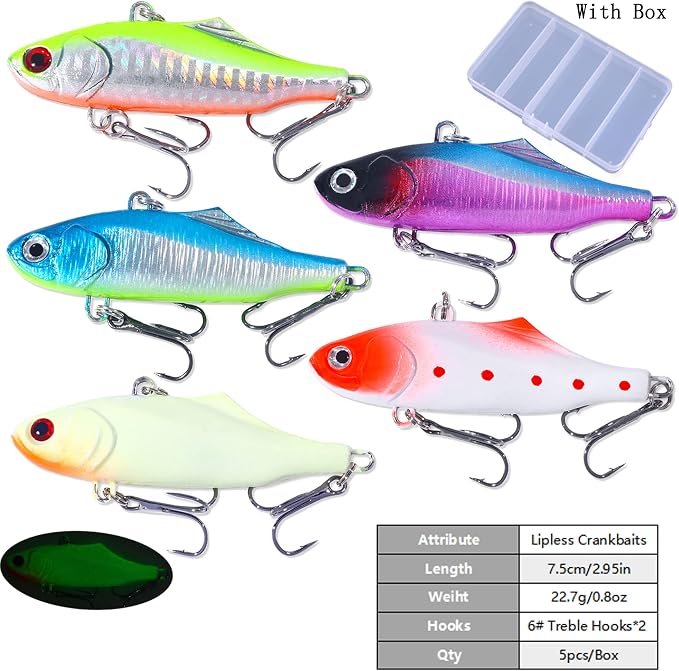 Lipless Crankbait, Rattle Trap Fishing Lures for Freshwater Saltwater, Lipless Crankbaits for Bass Fishing Lure Set for Bass Trout Walleye Redfish Pike, 5pcs with Box