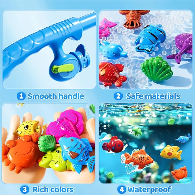 Magnetic Fishing Game Toys for Kids Toddlers 3-5 4-8, Water Table Bathtub Toys with Pole Rod Net Plastic Floating Fish, Water Bath Pool Outdoor Toys for Kids Toddlers Baby Age 3 4 5 6 7 8 Year Old