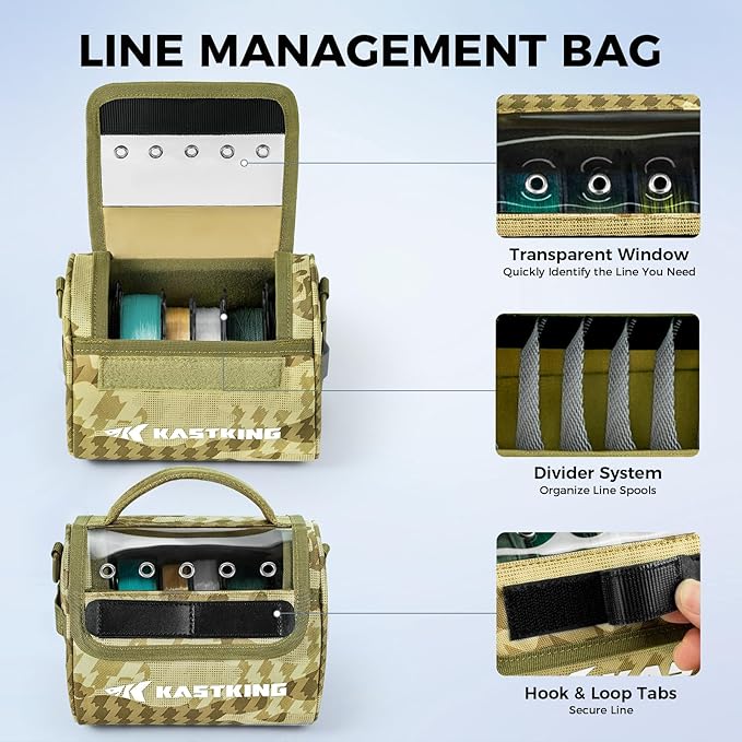 KastKing BaitSpace Line Management Bag, Fishing Line Storage Bag with Water Resistant Nylon, Clear View Window, Removable Divider, Tangle-free Leader Line Holder