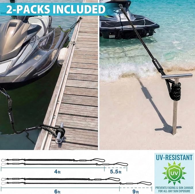 Obcursco Bungee Dock Lines for Boat, Docking Rope with 316 Stainless Steel Clips, Accessories for Jet Ski, PWC, SeaDoo, Pontoon, Center Console, Sets of Two(4ft & 6ft) (Black)