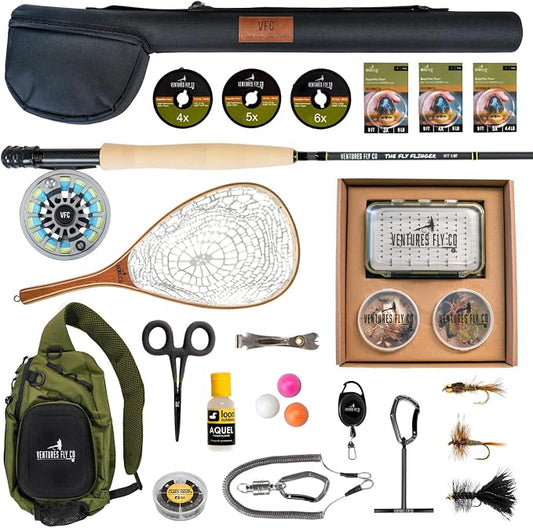 Ventures Fly Co. | Starter Packages | 23 Fly Fishing Accessories Complete Gear Combo | Perfect Beginner Kit | Includes Rod, Reel, Line, Flies, Leader, Tippet, Forceps, Nipper, Floatant & Net