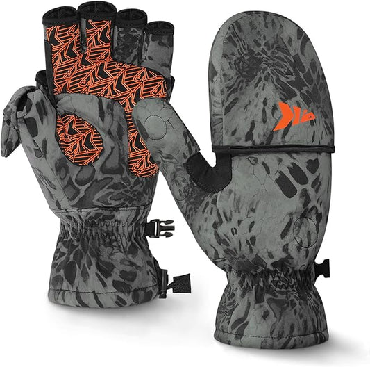KastKing PolarBlast Convertible Ice Fishing Gloves Cold Weather Mittens and Fingerless Gloves with 3M Thinsulate Ideal for Ice Fishing, Photography