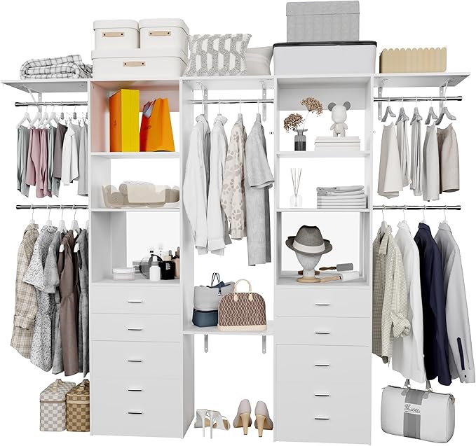 Closet System Set of 2 With Concealable Stool, Closet Organizer System With 8 Wood Drawers, Walk-In Closet Storage System, 10 Adjustable Cloth Garment Rack from 6Ft-10Ft, White