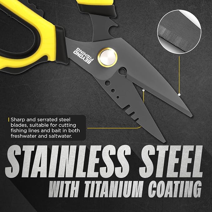 Beyond Fishing 6.5" Pro Fishing Shears Dual Serrated Blades, Fishing Braided Line Scissors with Titanium Coating, Non-Slip Grip & Multifunction Tool, Includes Hard Molded Locking Sheath