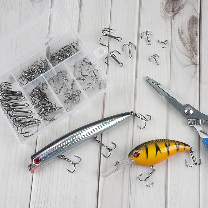Fishing Treble Hooks Kit High Carbon Steel Treble Fishing Hooks Ring Set Strong Sharp Round Bend for Trout Bass Catfish Lures Baits Freshwater Saltwater