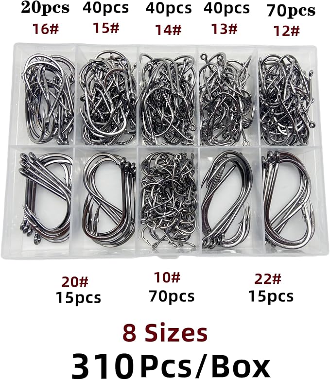 310Pcs/Box （22# ...15# 10# Fishing Hook, Forged Steel/Barded Design, 8 Sizes Universal Octopus Fishing Hooks Set， Sharp/High Carbon/Hook Eye, Suitable Sizes in Freshwater Saltwater