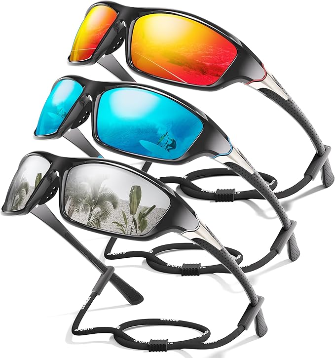 3 Pack Polarized Sports Sunglasses for Men, Mens Sunglasses Wrap Around UV Protection for Cycling Fishing Driving